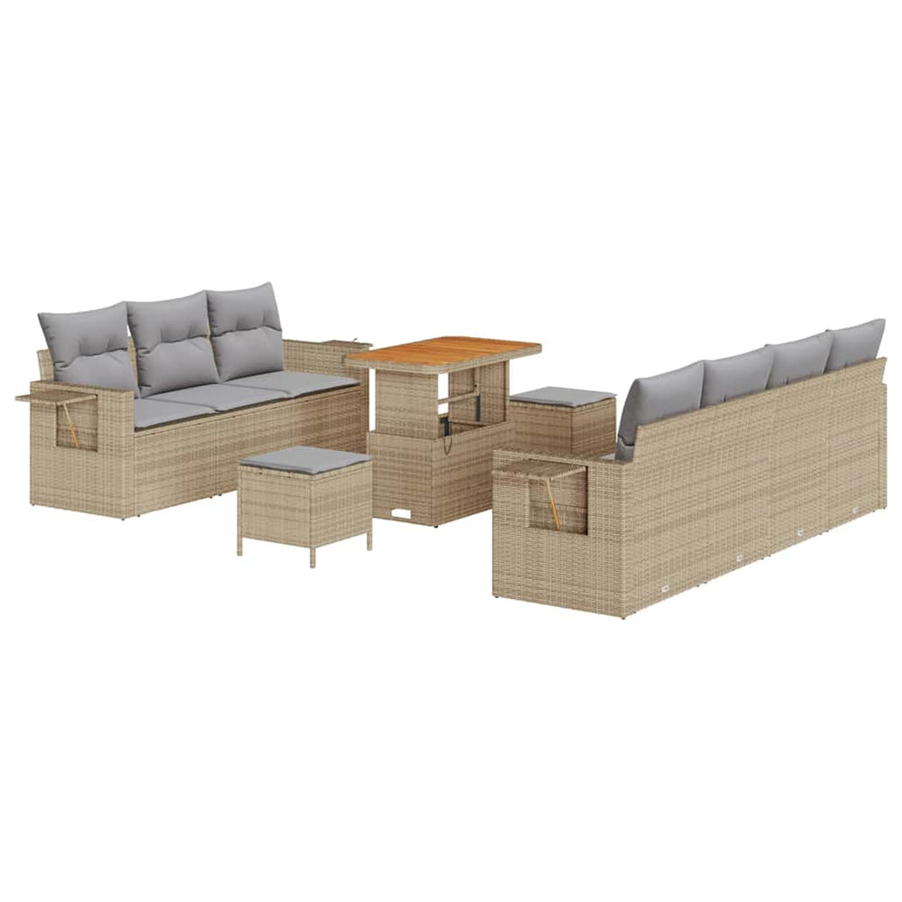 10 Piece Garden Sofa Set with Cushions Sand Poly Rattan Acacia