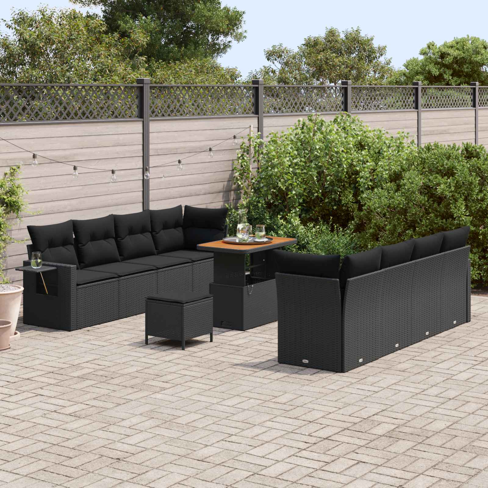 11-Piece Garden Sofa Set with Cushions Black Poly Rattan Acacia