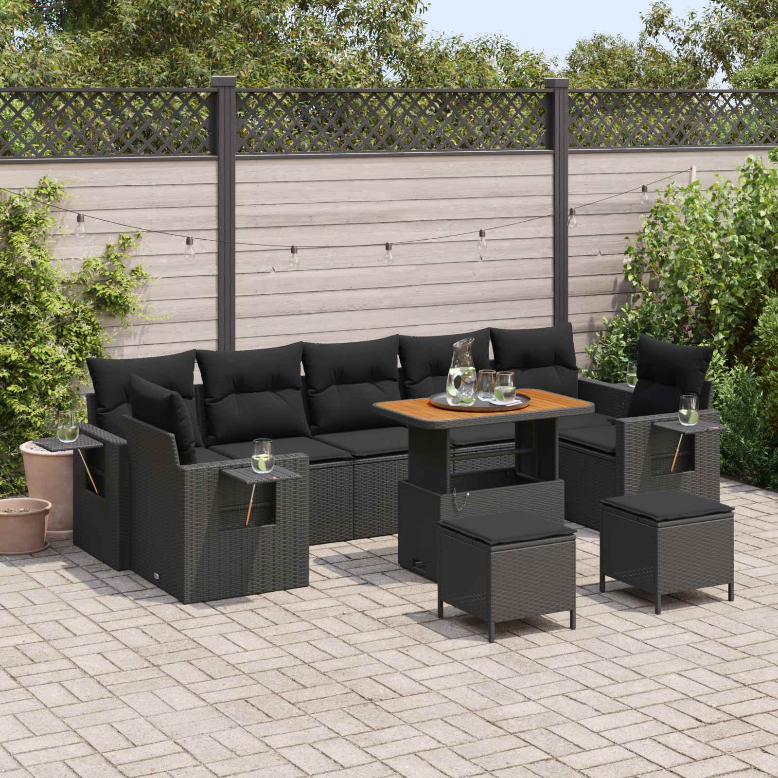 10-Piece Garden Sofa Set with Cushions, Black, Poly Rattan, Acacia