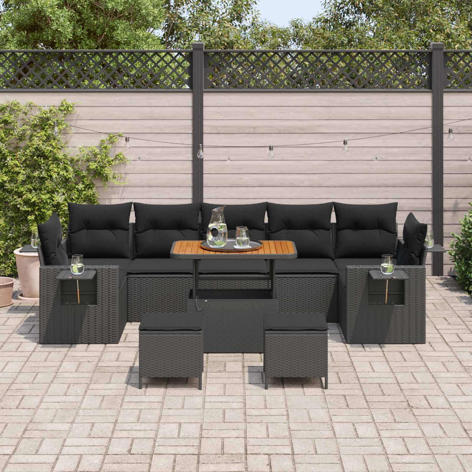 10-Piece Garden Sofa Set with Cushions, Black, Poly Rattan, Acacia