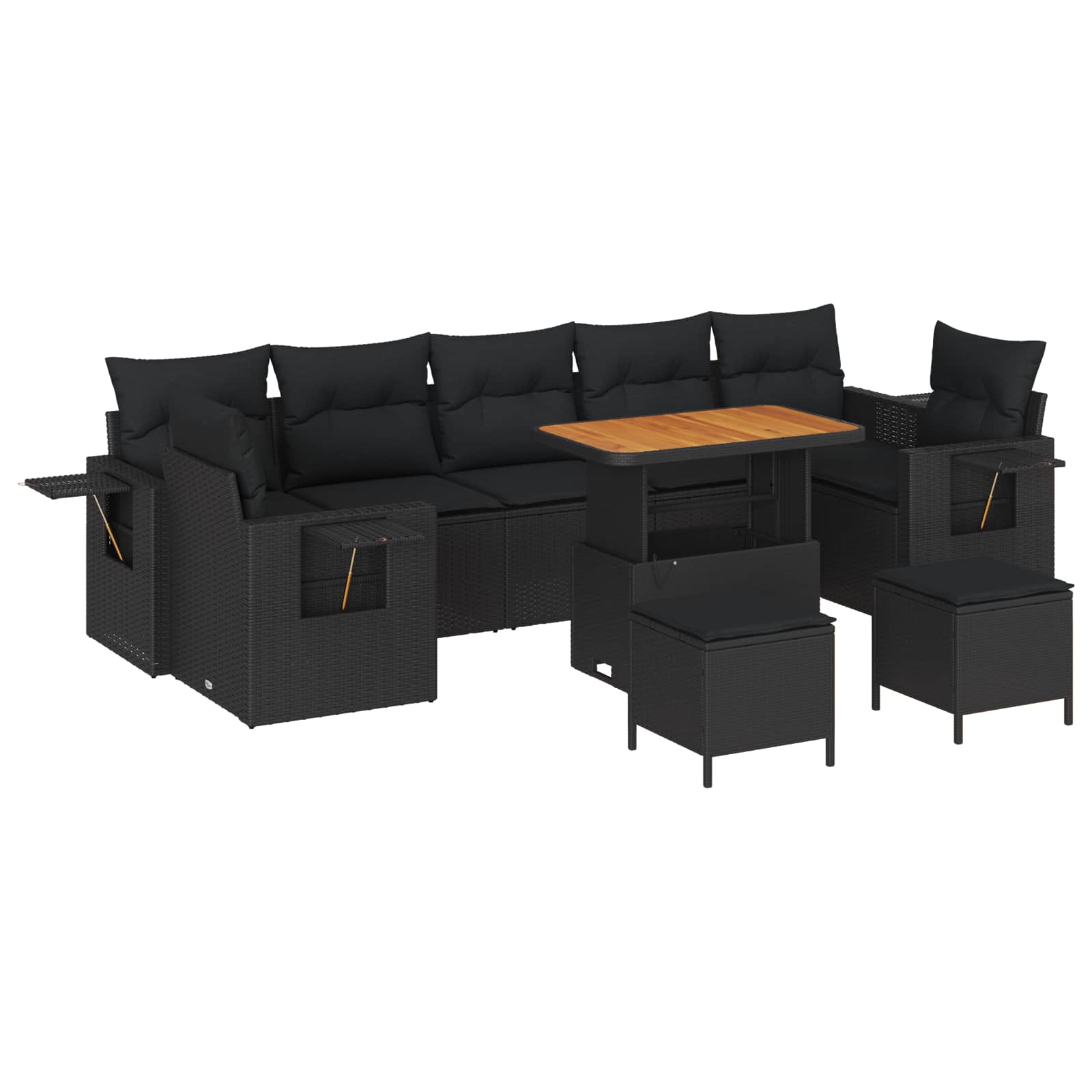 10-Piece Garden Sofa Set with Cushions, Black, Poly Rattan, Acacia