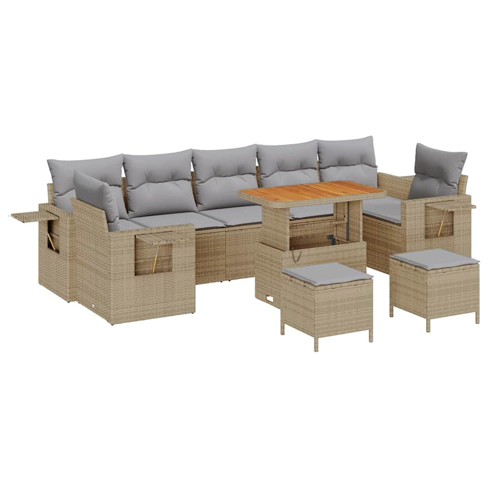 10-piece Garden Sofa Set with Cushions, Sand Poly Rattan Acacia