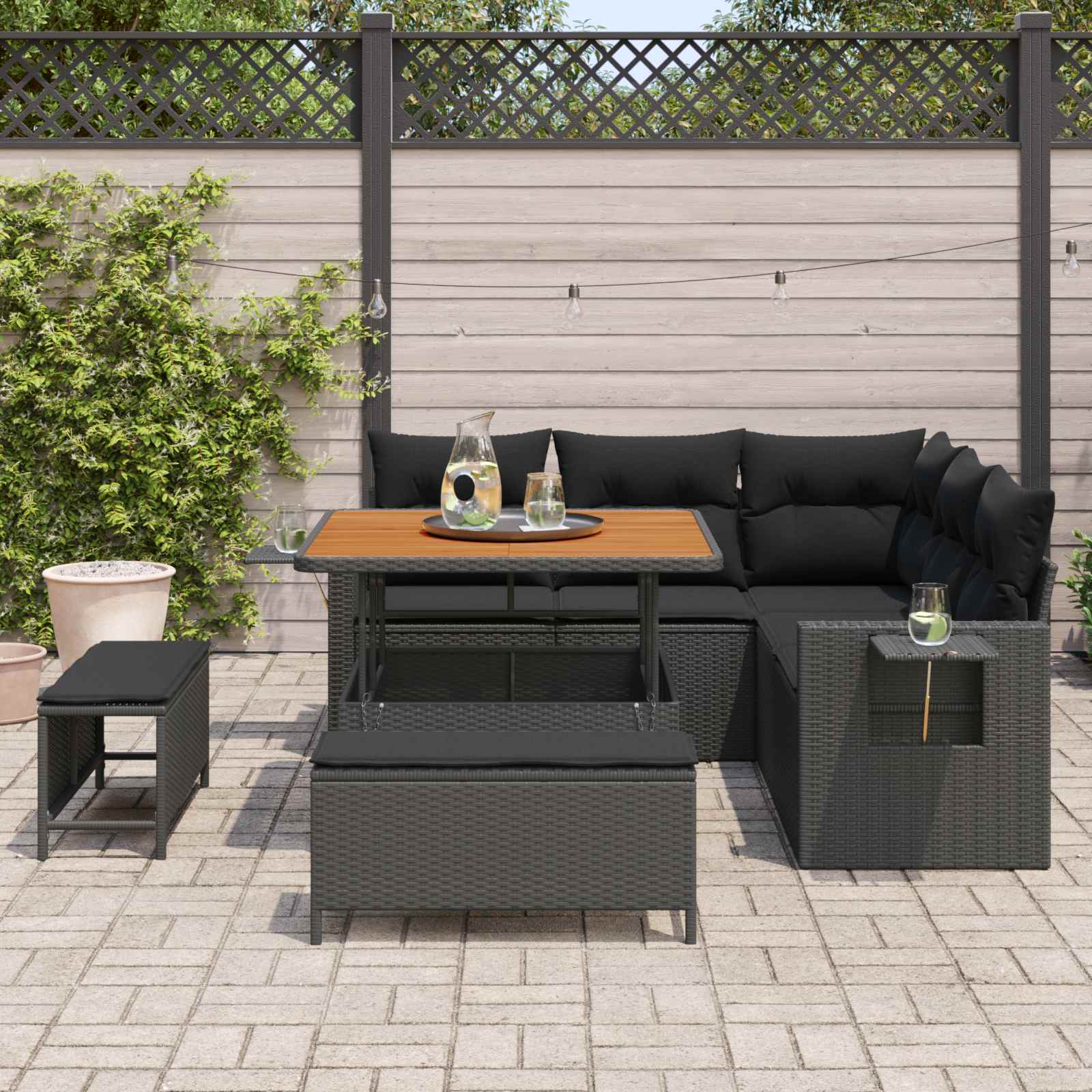 Sodo Sofų Rinkinys su pagalve 9 pcs Juoda poliratanas
