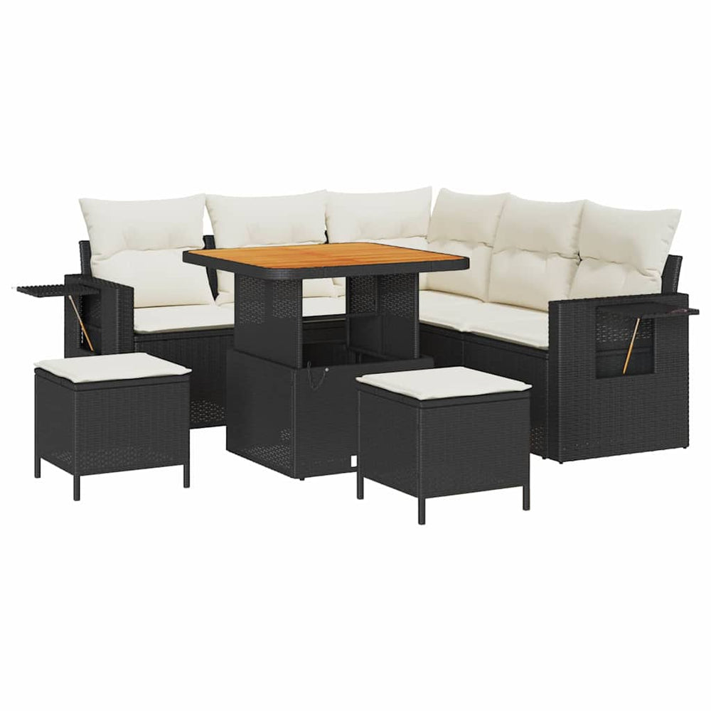 8 Piece Garden Sofa Set with Cushions Black Poly Rattan Acacia