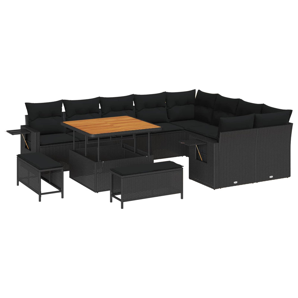 12-Piece Garden Sofa Set with Cushions Black Poly Rattan Acacia