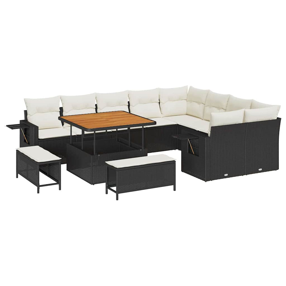 12-piece Garden Sofa Set with Cushions, Black Poly Rattan, Acacia