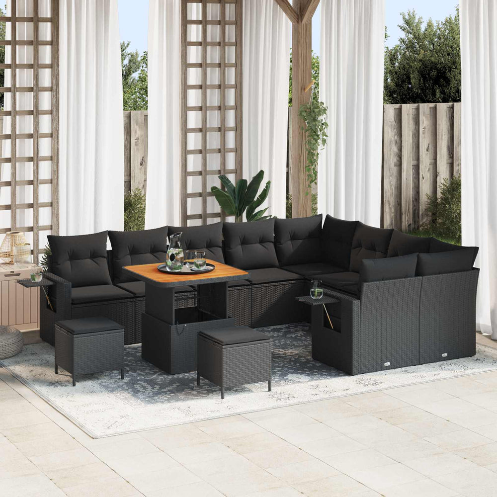 12 dalių sodo sofa komplektas su pagalvėmis Juoda Poli Ratanas Akacija
