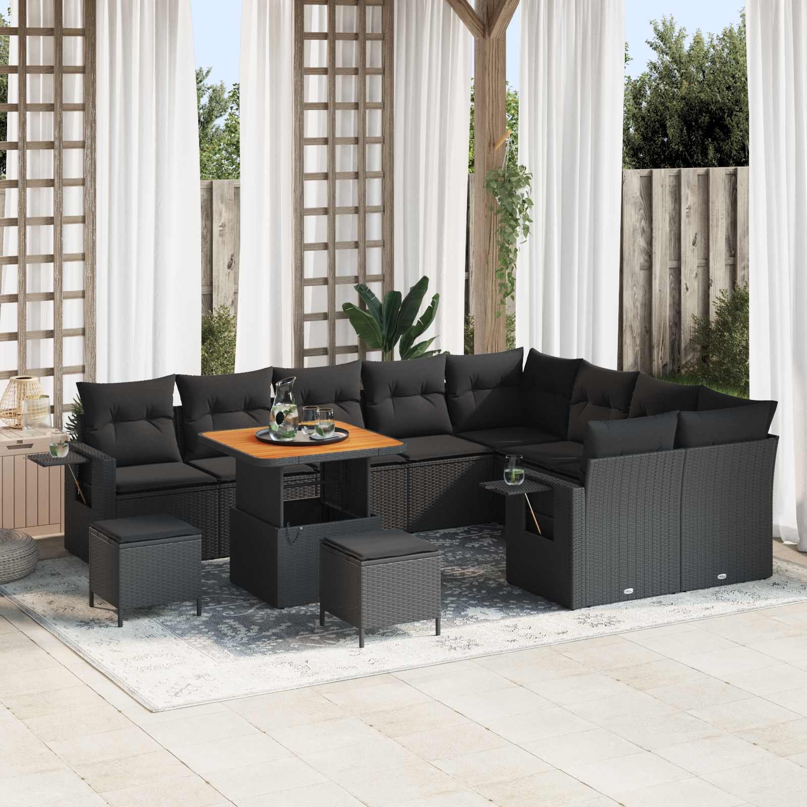 12 dalių sodo sofa komplektas su pagalvėmis Juoda Poli Ratanas Akacija