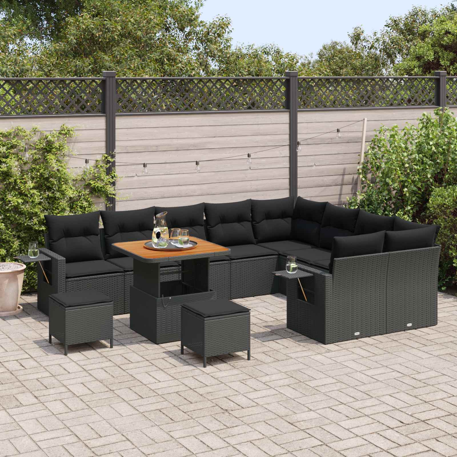 12 dalių sodo sofa komplektas su pagalvėmis Juoda Poli Ratanas Akacija
