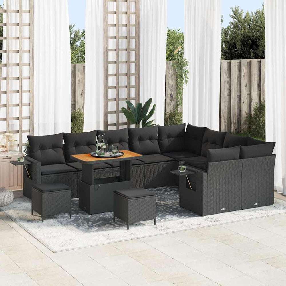 12 dalių Sodo Sofa Komplektas su Pagalvėlėmis Juodas Poli Ratanas Akacija