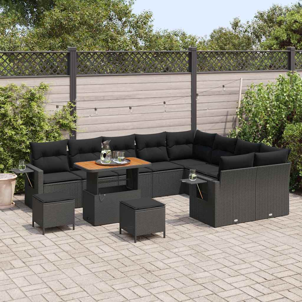 12 dalių Sodo Sofa Komplektas su Pagalvėlėmis Juodas Poli Ratanas Akacija