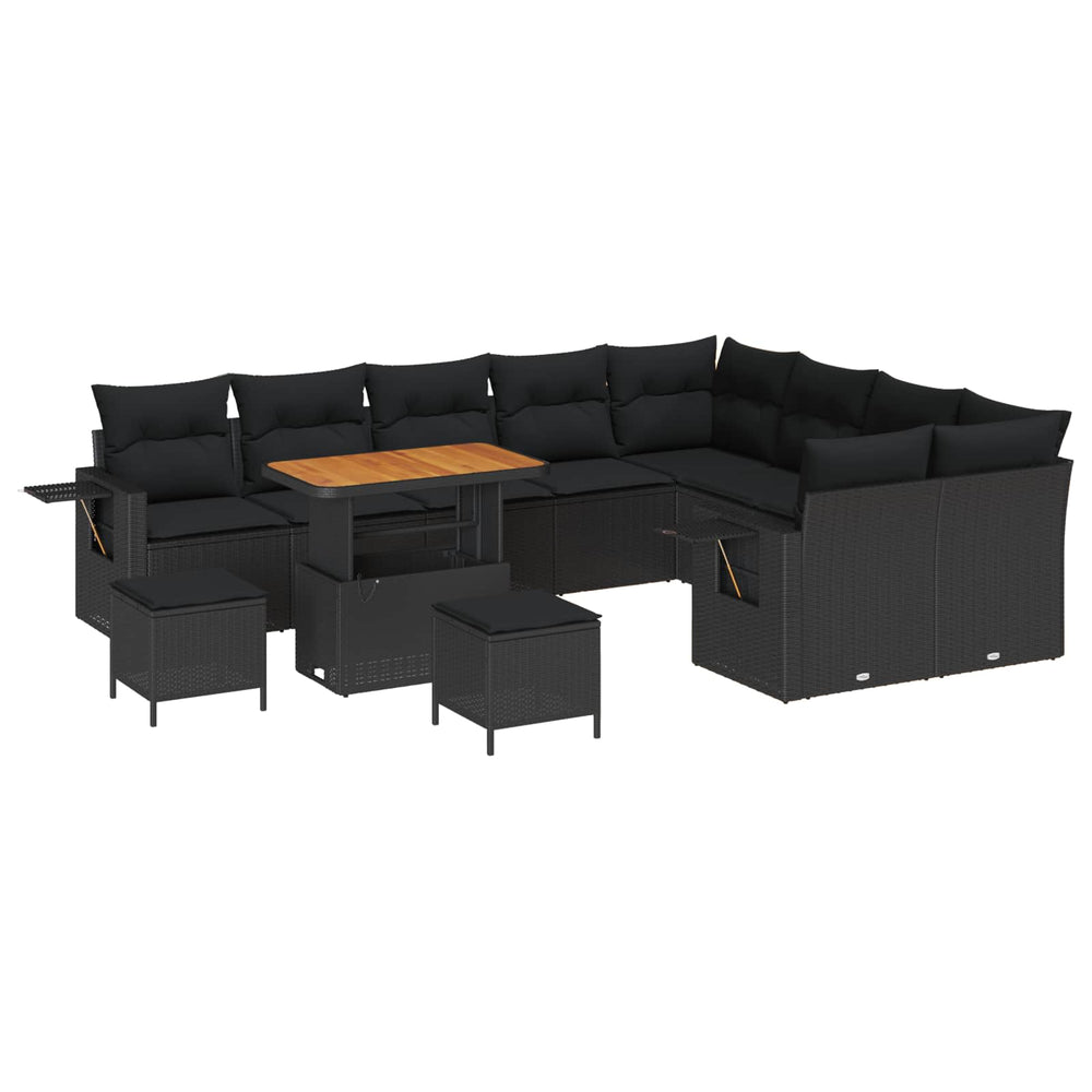 12-Piece Garden Sofa Set with Cushions Black Poly Rattan Acacia