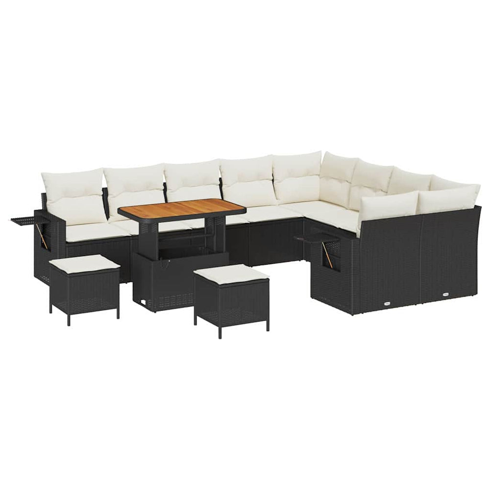 12-Piece Garden Sofa Set with Cushions Black Poly Rattan Acacia Wood