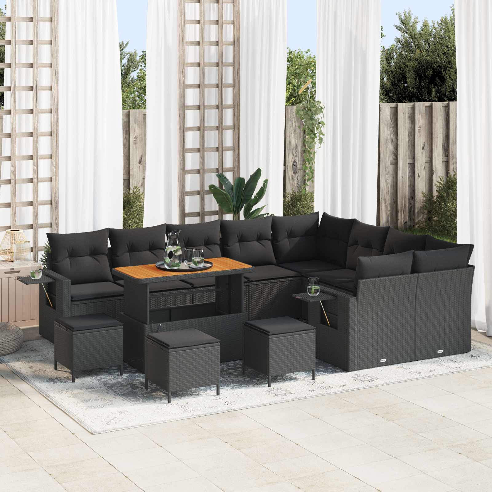 13-piece Garden Sofa Set with Cushions Black Poly Rattan Acacia