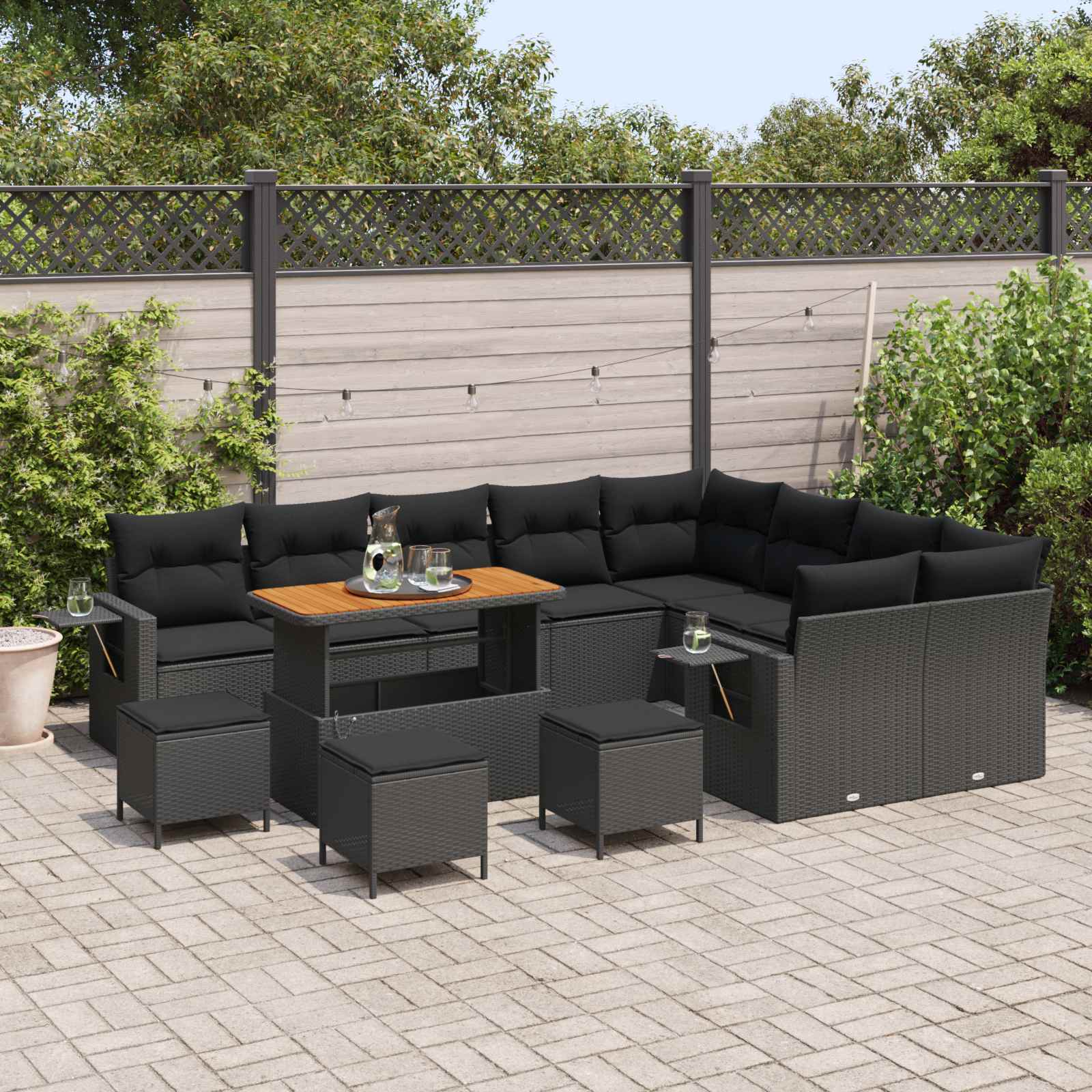 13-piece Garden Sofa Set with Cushions Black Poly Rattan Acacia