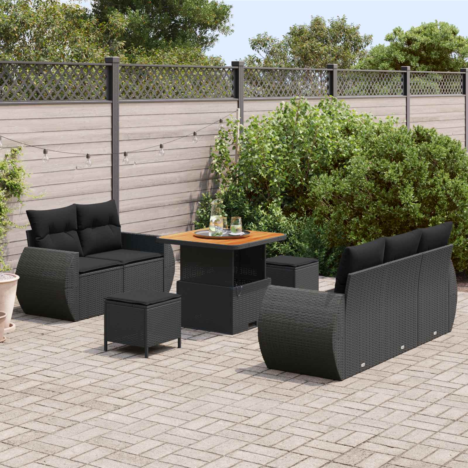 8 dalys sodo sofa rinkinys su pagalvėmis juodas poliratanas akacija