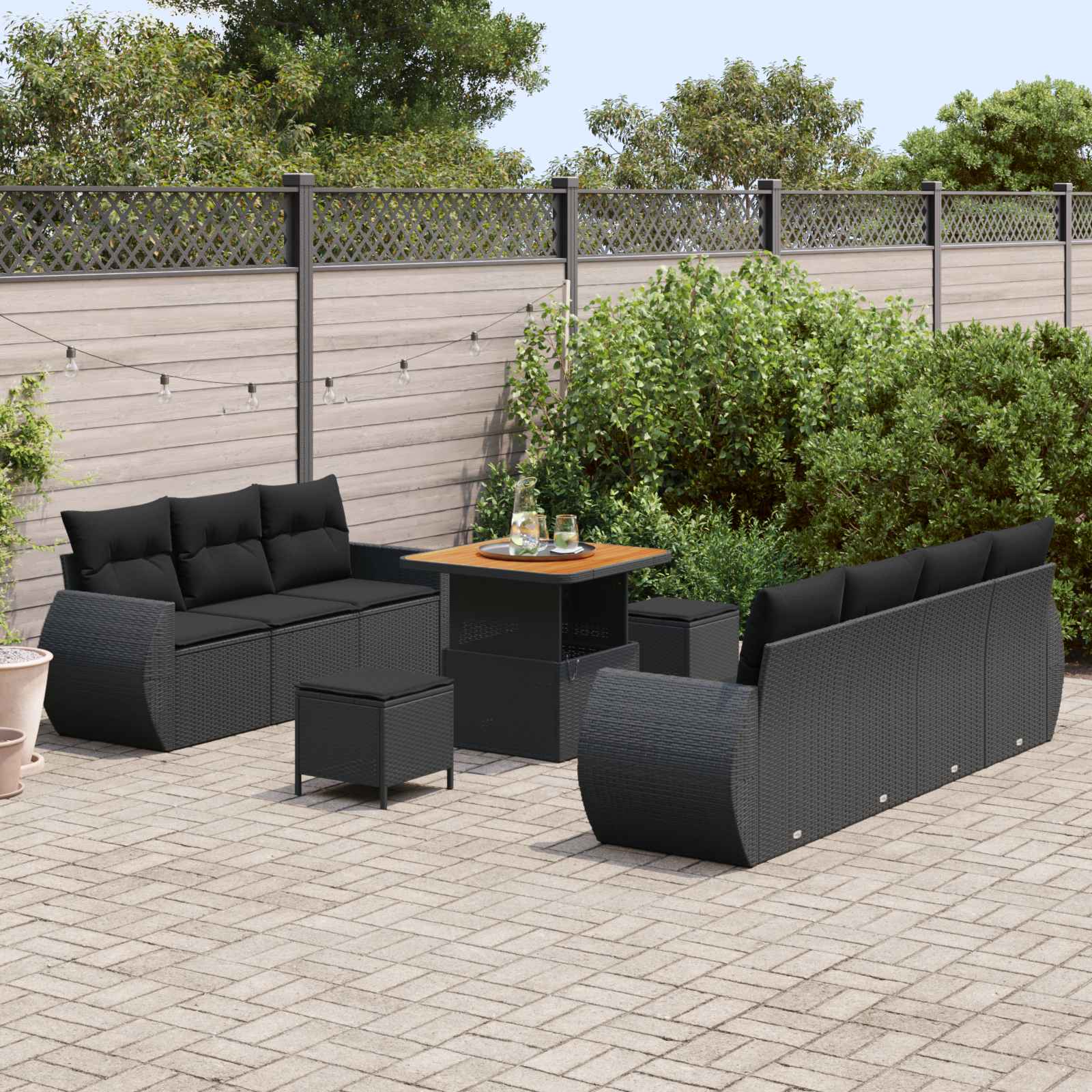 10-piece garden sofa set with cushions Black poly rattan acacia