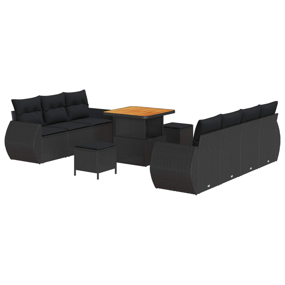 10-piece garden sofa set with cushions Black poly rattan acacia