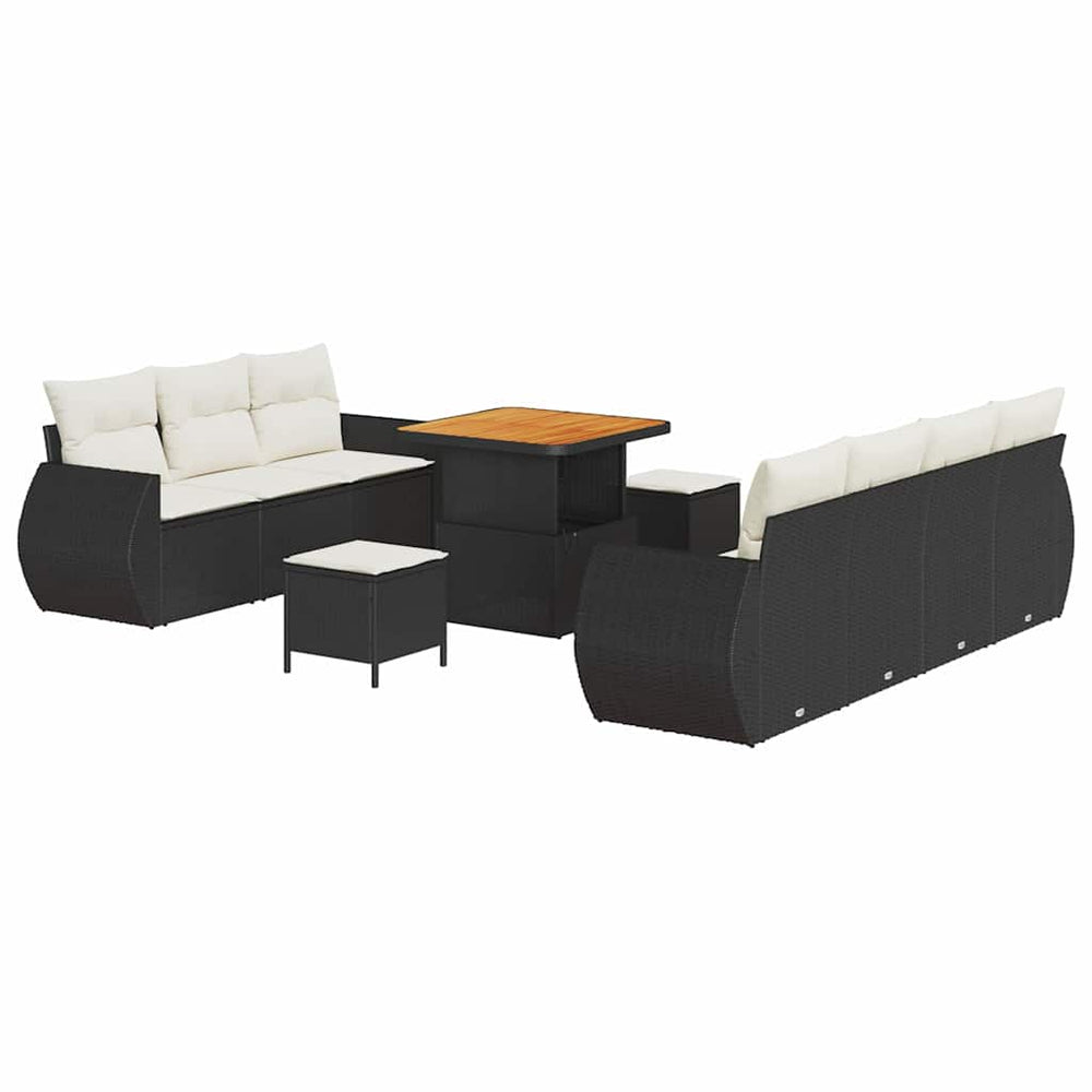 10-piece garden sofa set with cushions black poly rattan acacia
