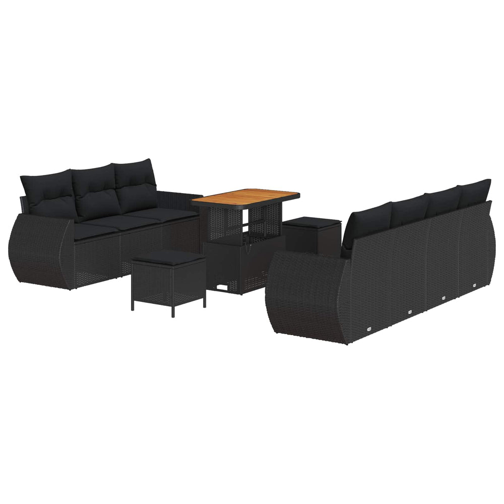 10-piece Garden Sofa Set with Cushions Black Poly Rattan Acacia