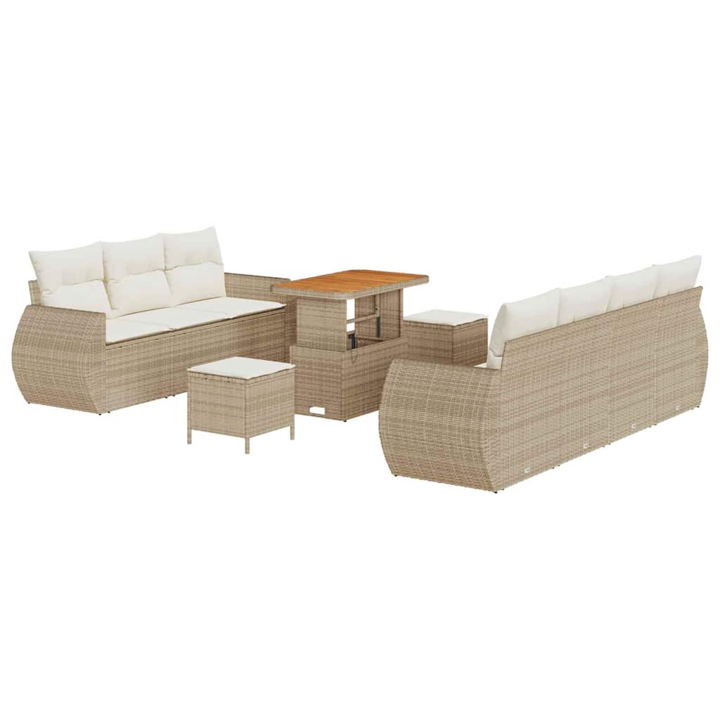 10 Dalių Sodo Sofa Komplektas su Pagalvėmis Smėlio Spalva Poli Ratanas Akacija