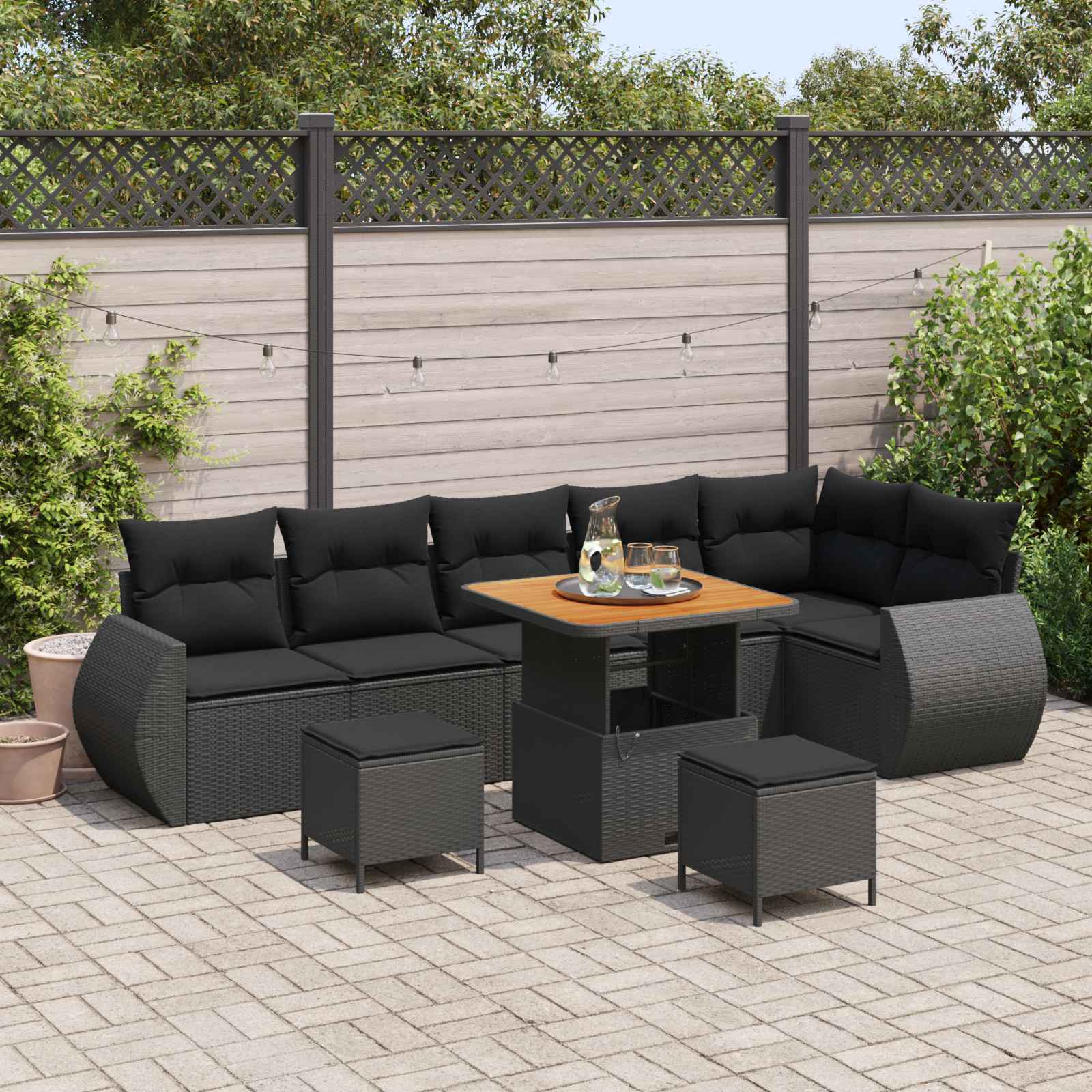 Sodo Sofų Rinkinys su pagalve 9 pcs Juoda Poli ratanas
