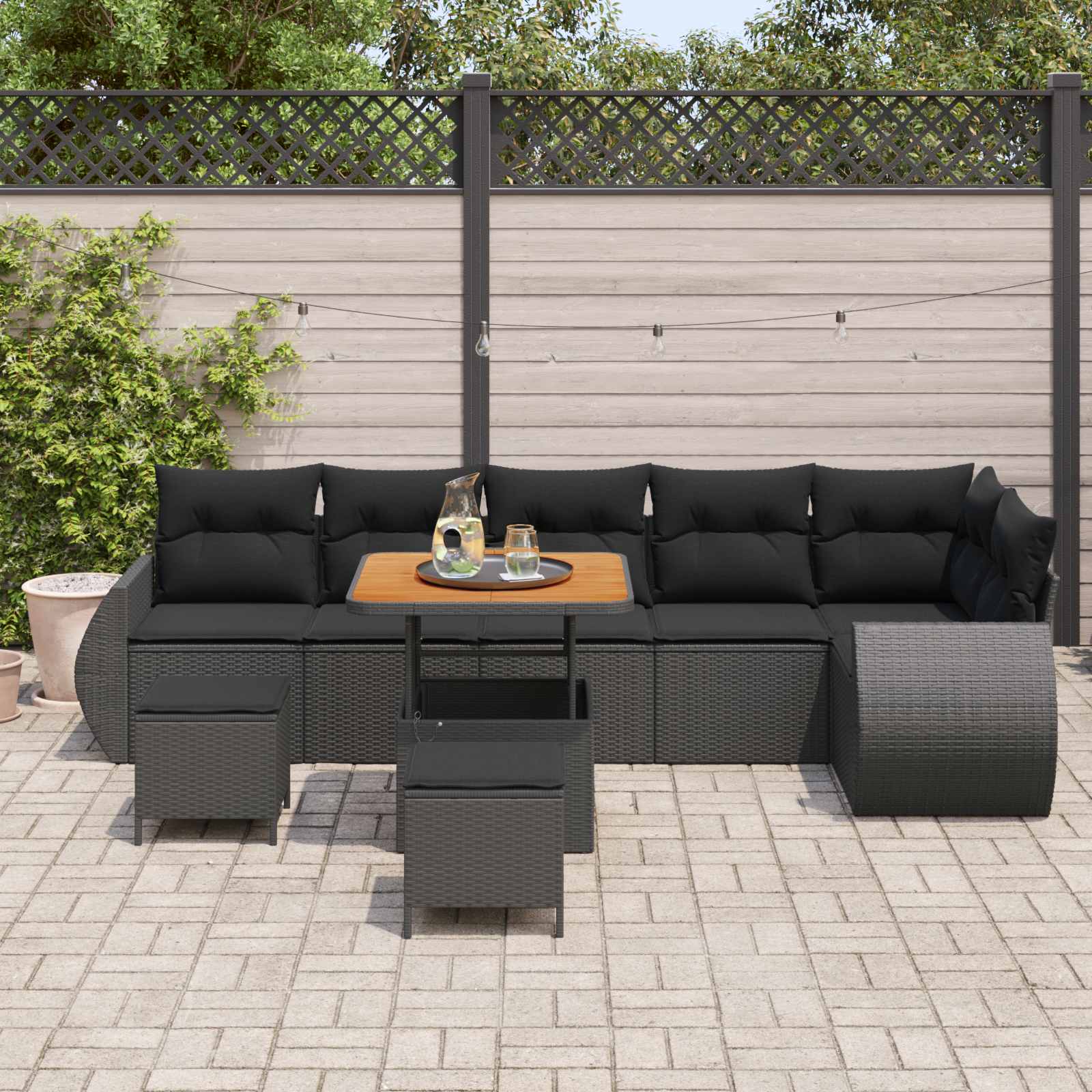Sodo Sofų Rinkinys su pagalve 9 pcs Juoda Poli ratanas