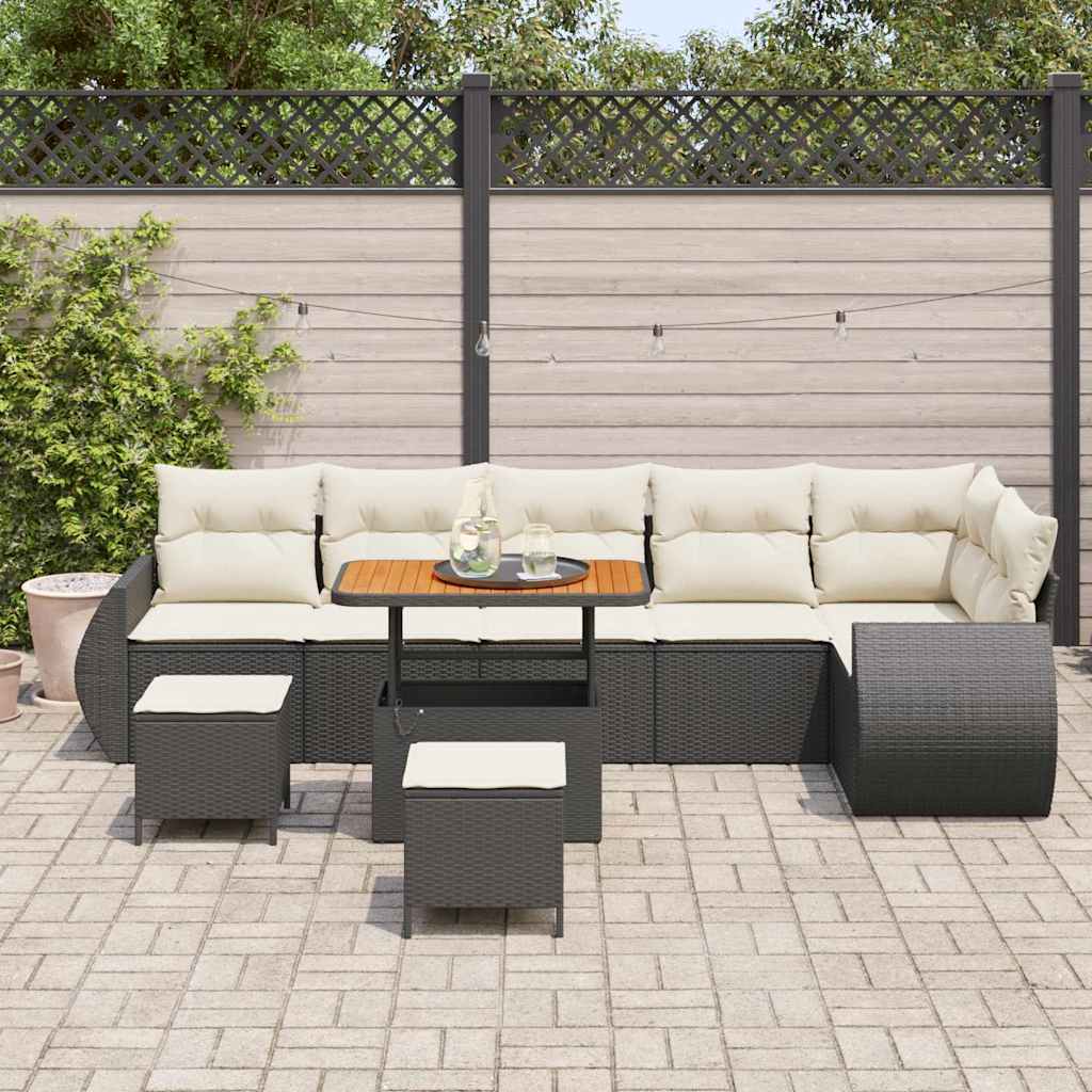 9 dalių Sodo Sofa Rinkinys su Pagalvėmis Juodas Poliratanas Akacija