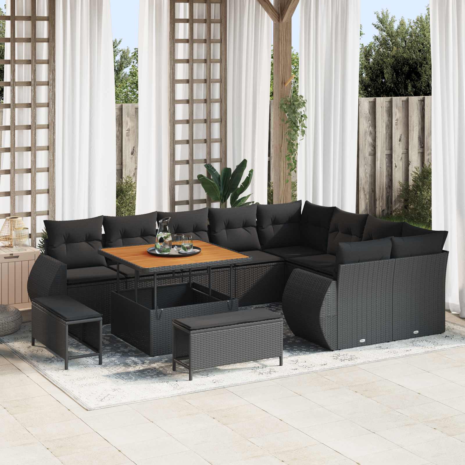 12 dalių sodo sofa rinkinys su pagalvėlėmis Juodas Poli ratanas Akacija