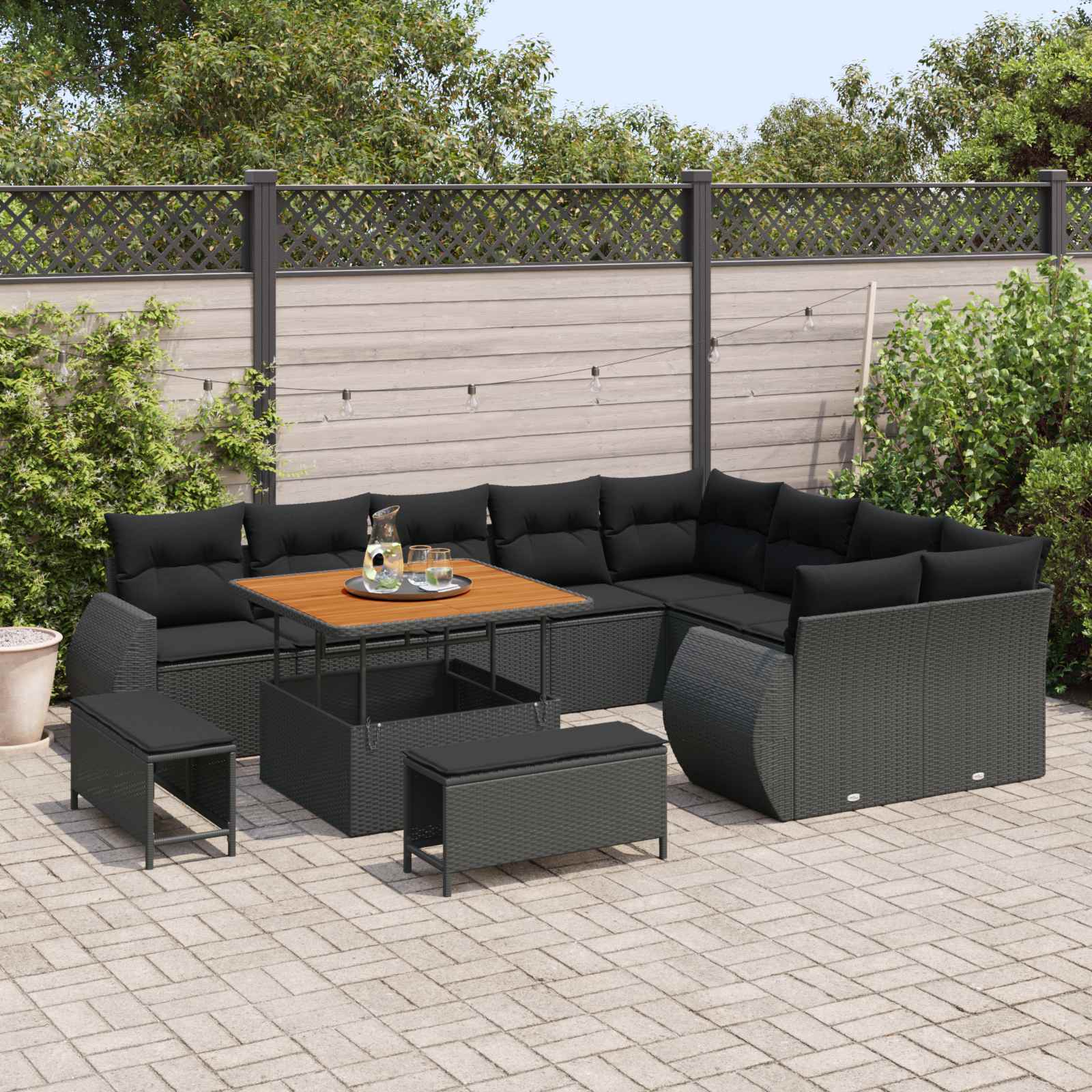 12 dalių sodo sofa rinkinys su pagalvėlėmis Juodas Poli ratanas Akacija