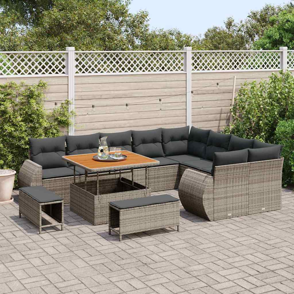 12 dalių sodo sofa komplektas su pagalvėlėmis Pilka poli ratanas akacija