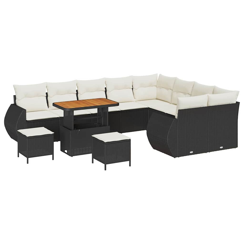 12 dalių sodo sofa komplektas su pagalvėlėmis Juoda Poli ratanas Akacijos
