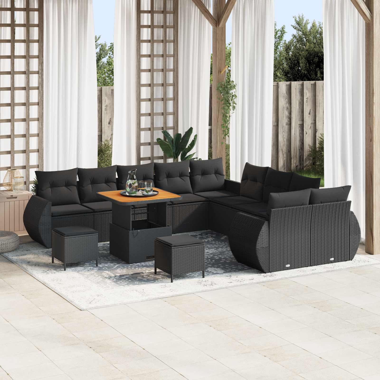 13 dalių sodo sofa komplektas su pagalvėmis Juoda Poli Ratanas Akacija