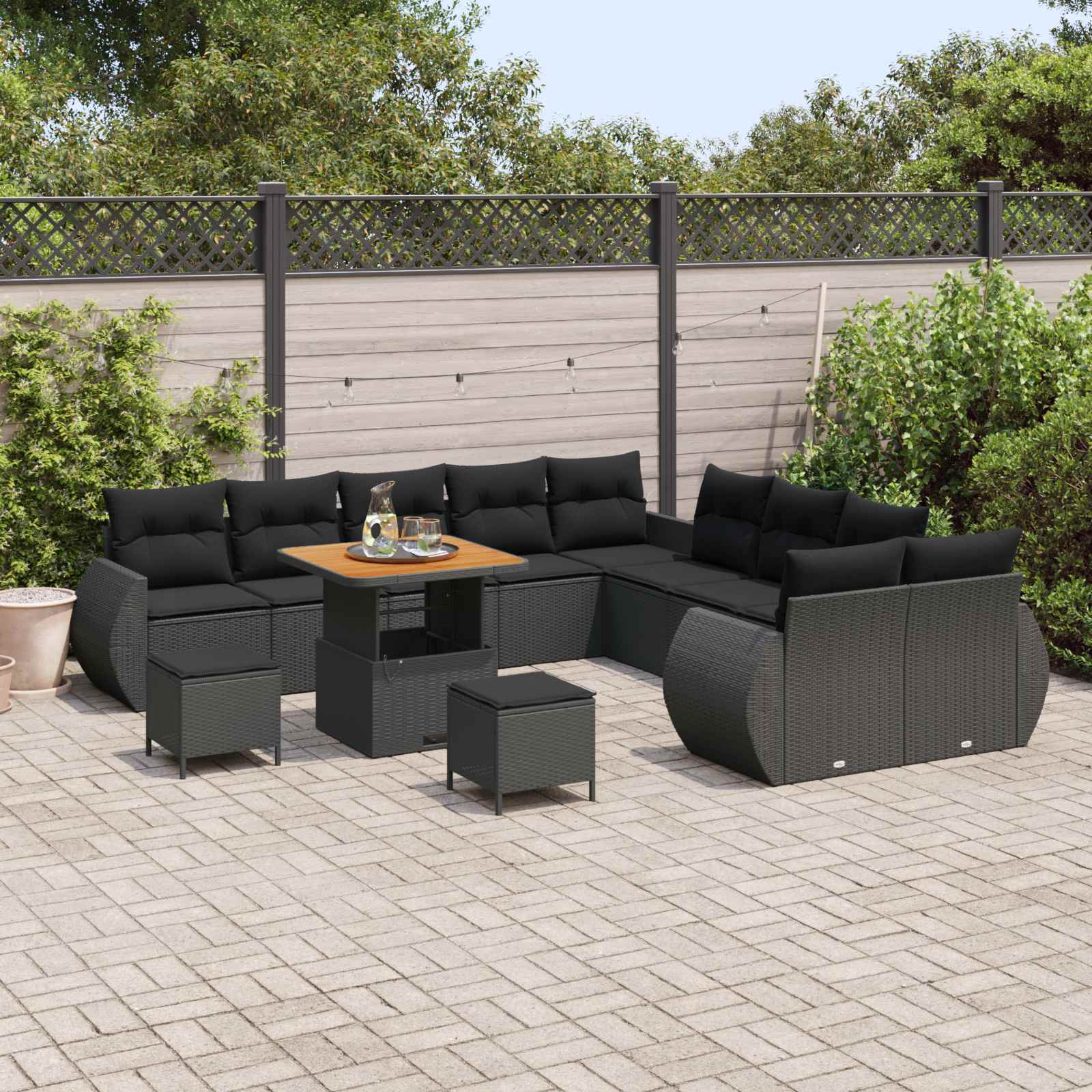 13 dalių sodo sofa komplektas su pagalvėmis Juoda Poli Ratanas Akacija