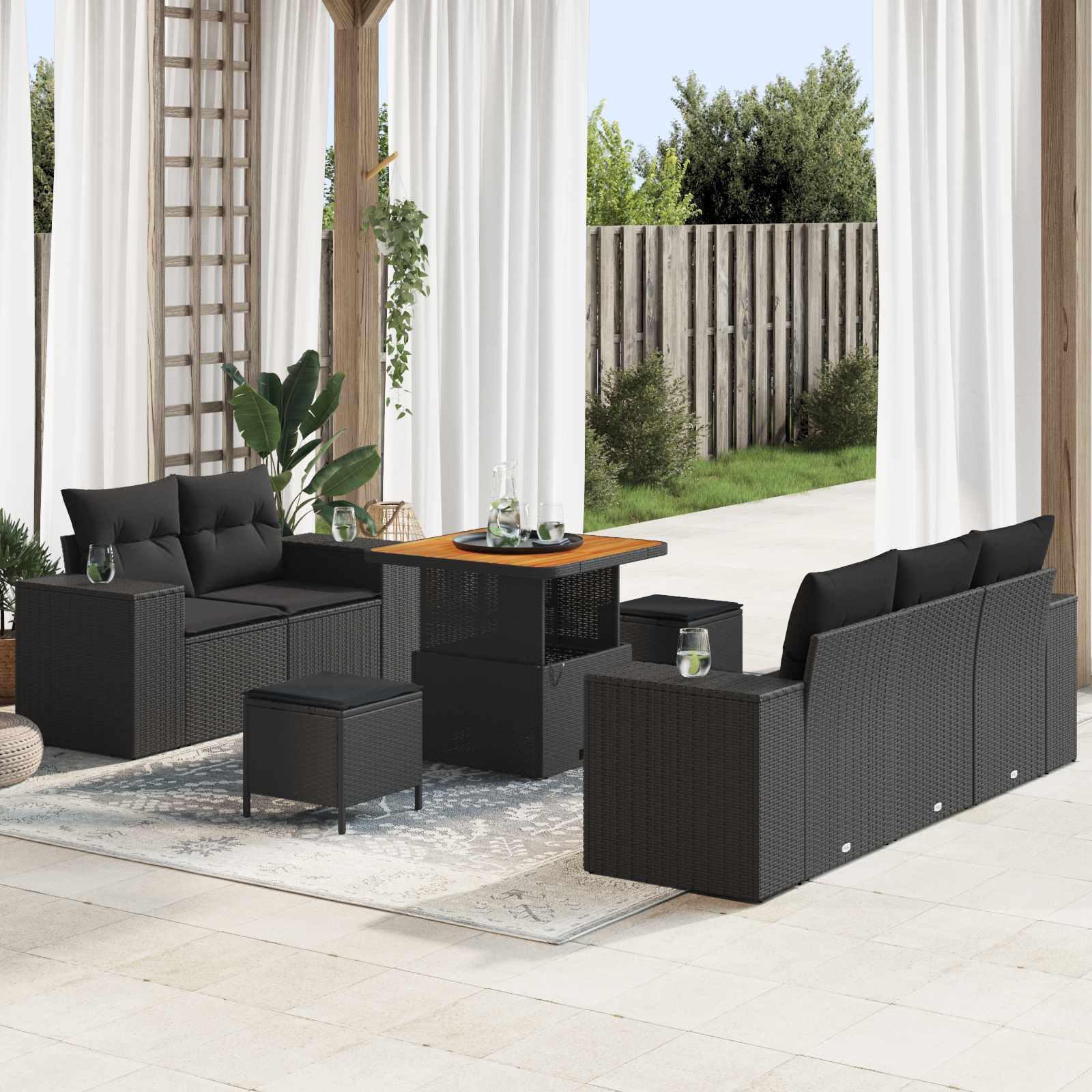 Sodo Sofų Rinkinys su pagalve su saugykla 8 pcs Juoda