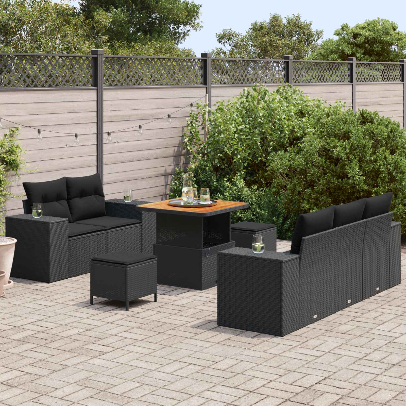 Sodo Sofų Rinkinys su pagalve su saugykla 8 pcs Juoda