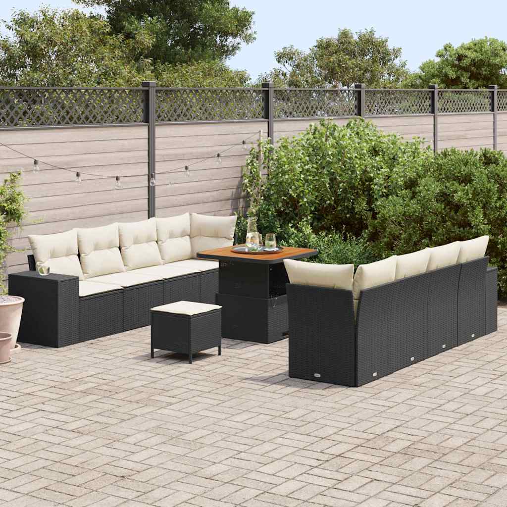 11 dalių sodo sofa komplektas su pagalvėlėmis Juoda Poliratanas Akacija