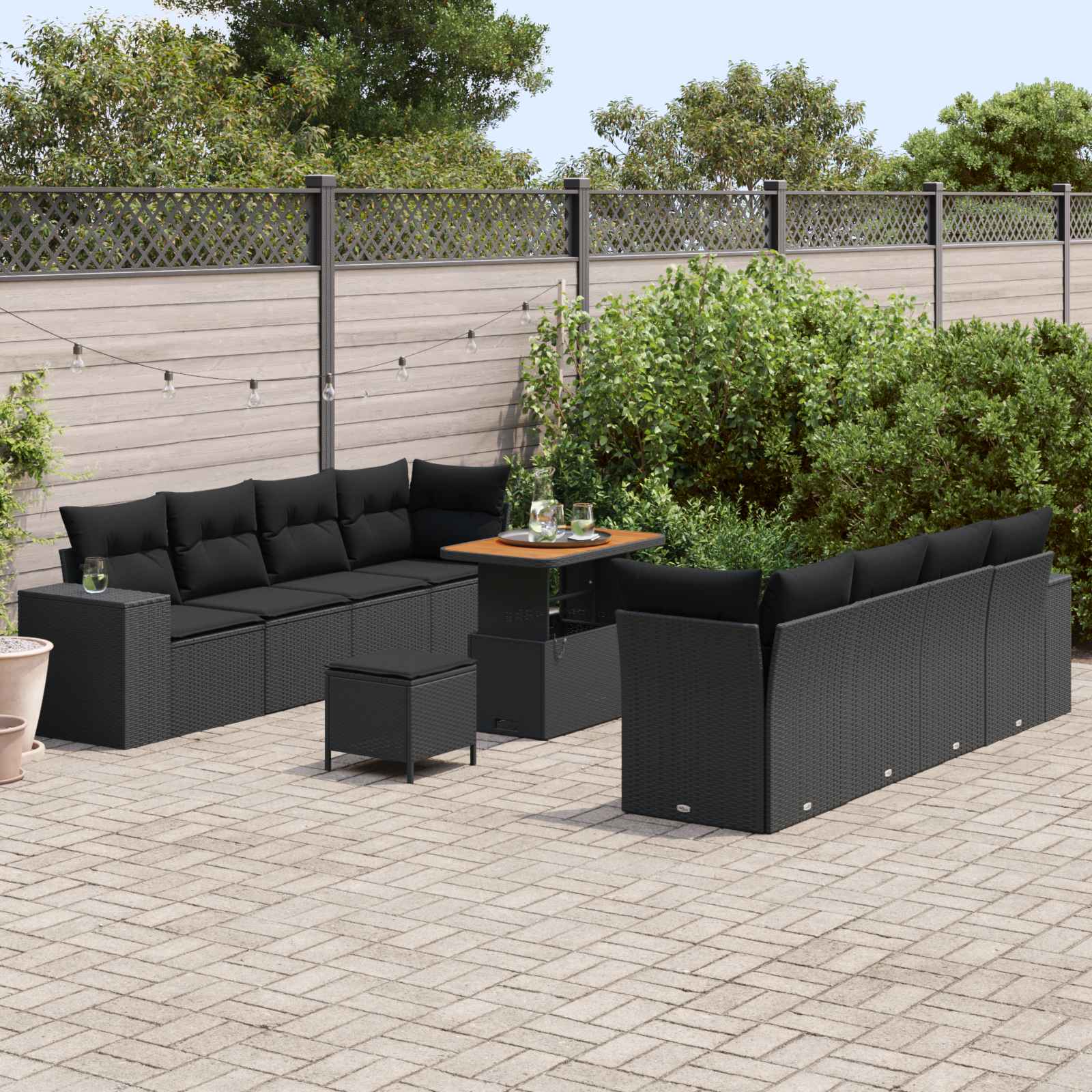 Sodo Sofų Rinkinys su pagalve su saugykla 11 pcs Juoda