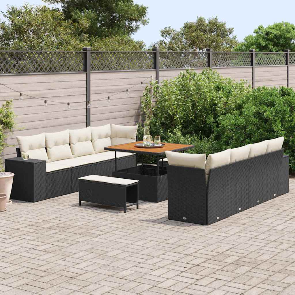 11 dalių sodo sofa komplektas su pagalvėmis juodas poli rattan akacija
