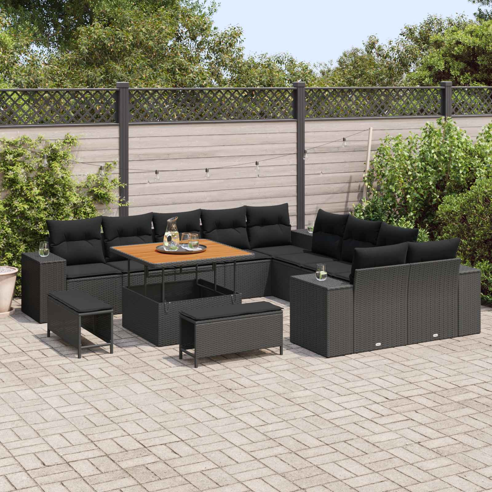 Sodo Sofų Rinkinys su pagalve su saugykla 13 pcs Juoda