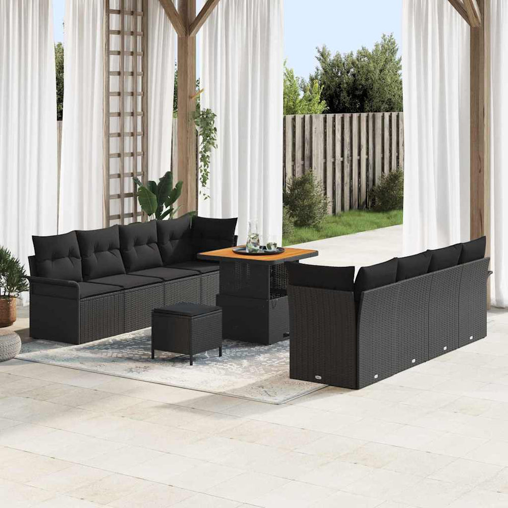 11 dalių sodo sofa komplektas su pagalvėlėmis Juoda Poli Ratanas Akacija