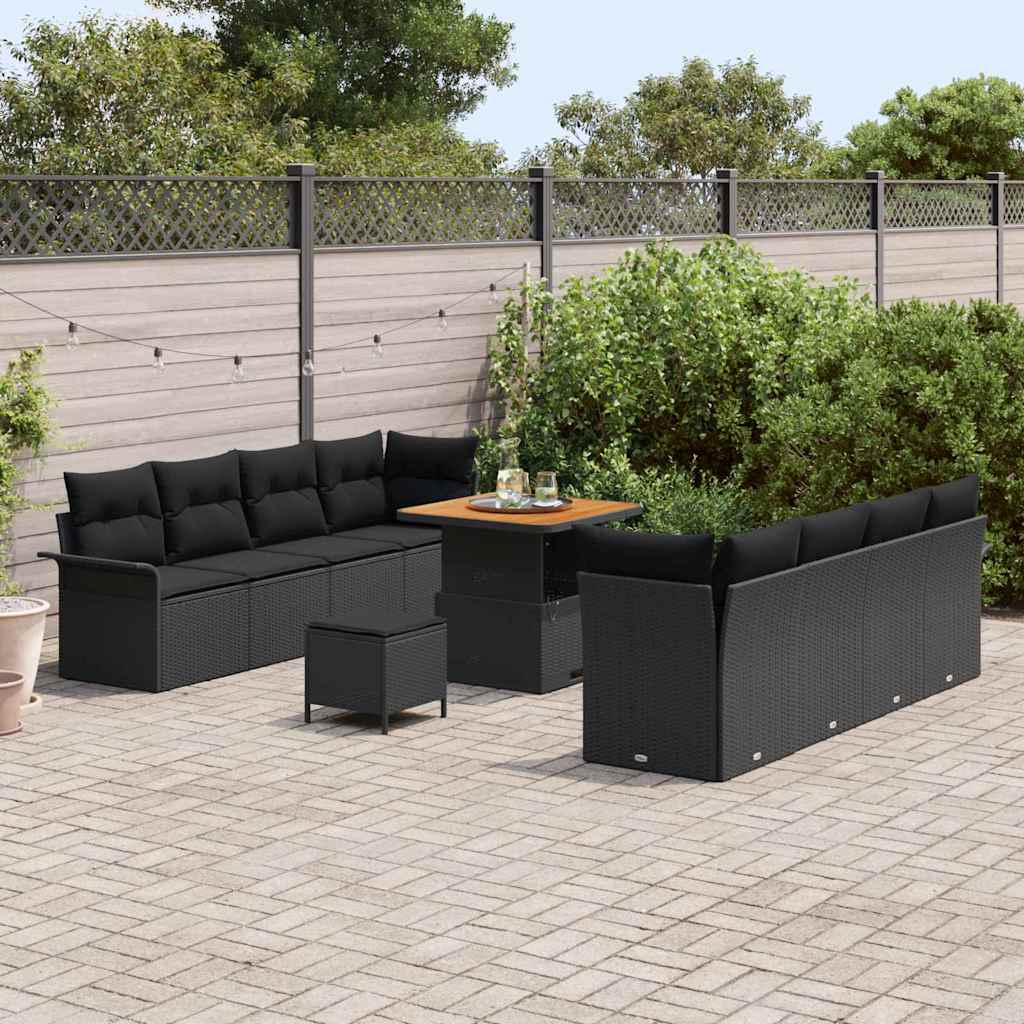 11 dalių sodo sofa komplektas su pagalvėlėmis Juoda Poli Ratanas Akacija