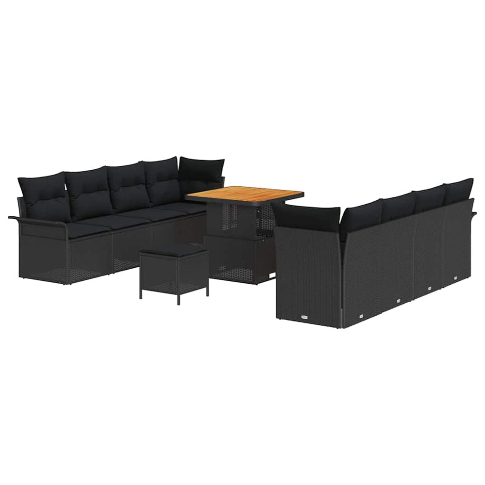 11 dalių sodo sofa komplektas su pagalvėlėmis Juoda Poli Ratanas Akacija