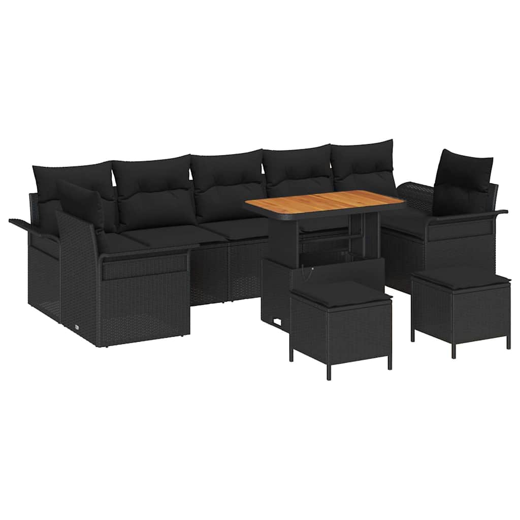 10 dalių sodo sofa komplektas su pagalvėlėmis Juodame poli rataną Acacia