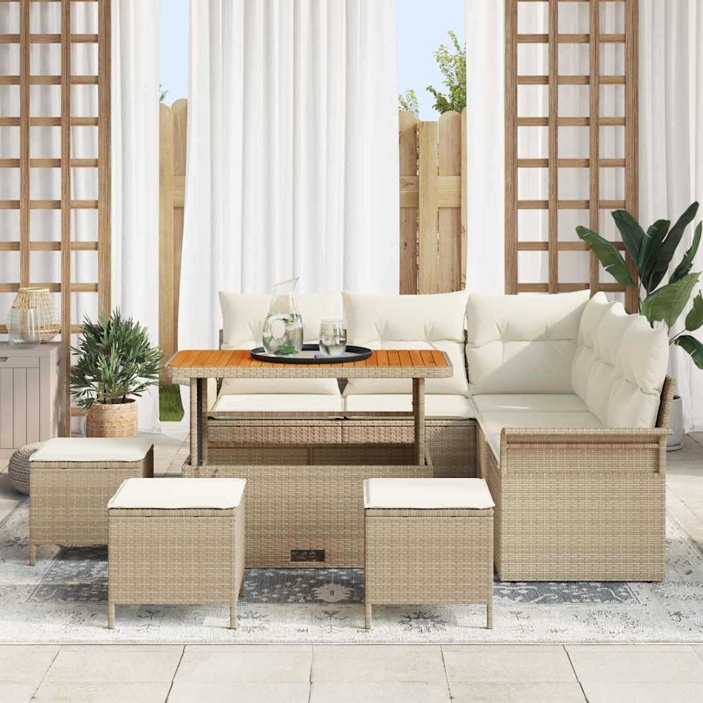 9 dalių sodo sofa komplektas su pagalvėmis, kreminės poli ratano akacijos