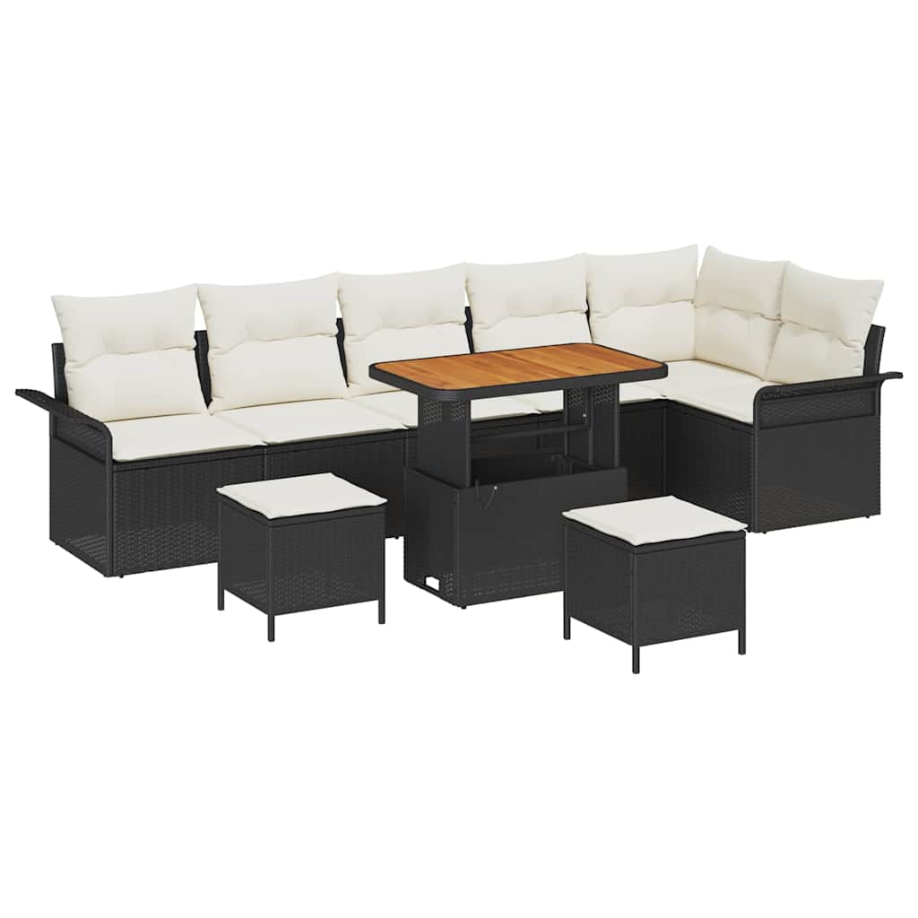 9 dalių Sodo Sofa Rinkinys su Pagalvėlėmis Juoda Poli Ratanas Akacijų