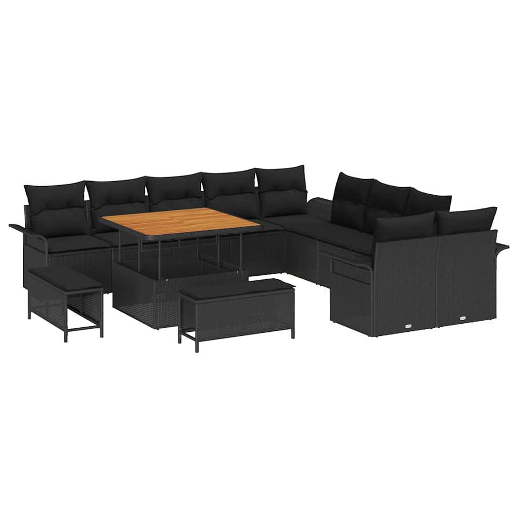 13 dalių sodo sofa rinkinys su pagalvėmis Juodas Poliratanas Akacija
