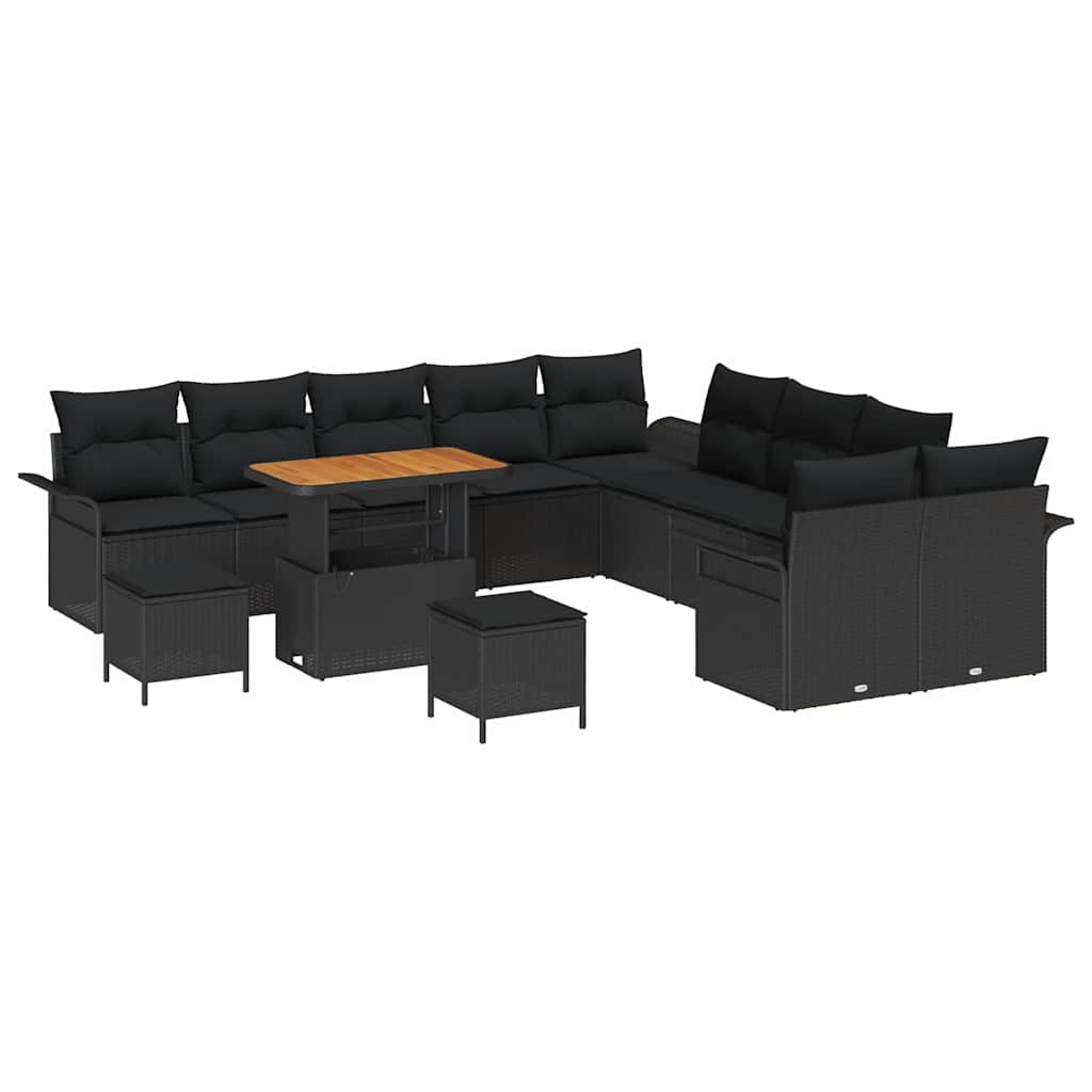 13 dalių sodo sofa komplektas su pagalvėlėmis Juodas Poli Ratanas Akacija