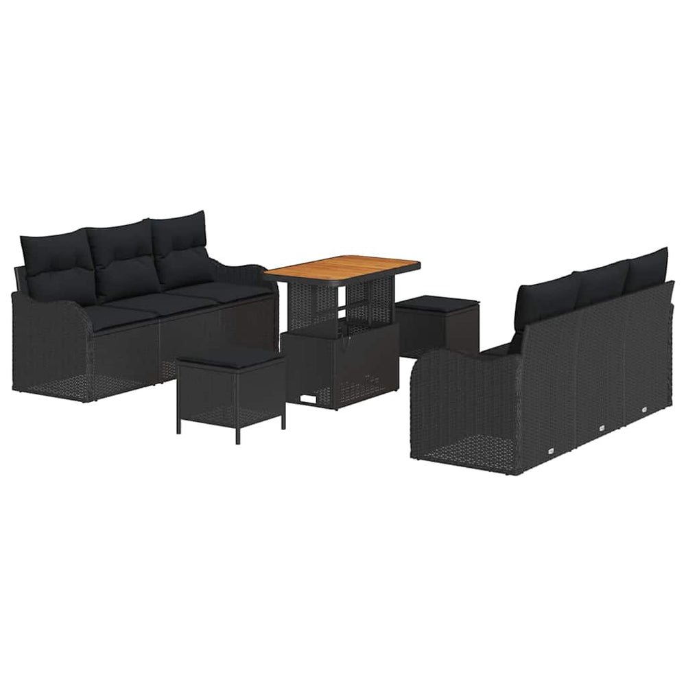 9 Dalių Sodo Sofa Komplektas Su Pagalvėlėmis Juodas Polirotas Ratanas Akacija