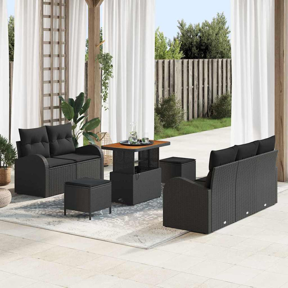 8 Gabaliukų Sodo Sofa Komplektas su Pagalvėlėmis Juodas Poli Ratanas Akacijų
